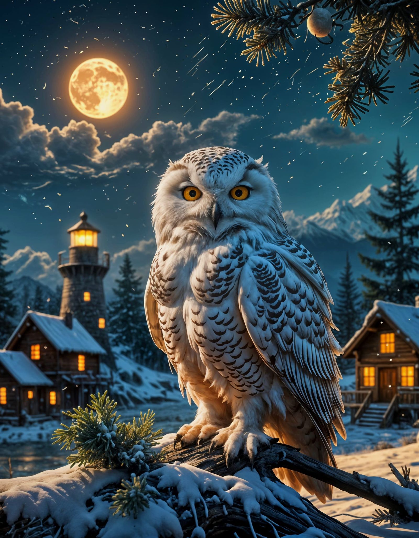 Snowy Owl Serenity in Moonlit Winter Landscape