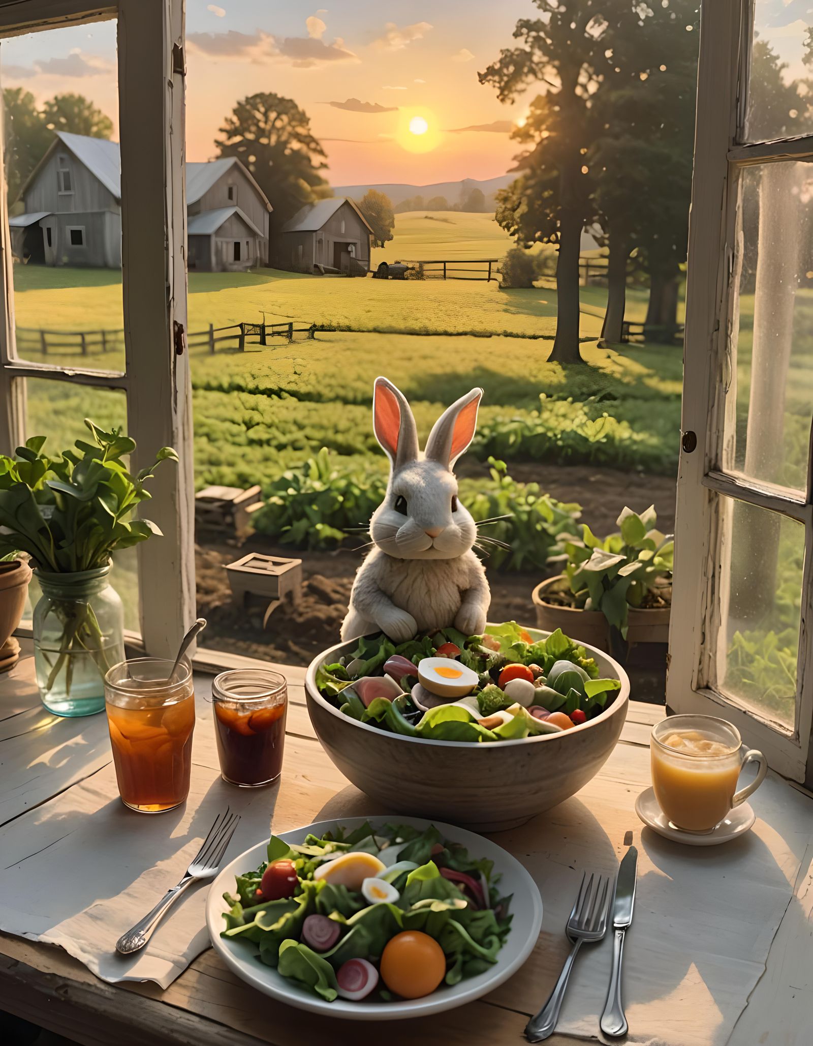 Rustic Diorama of Bunny Enjoying a Morning Salad