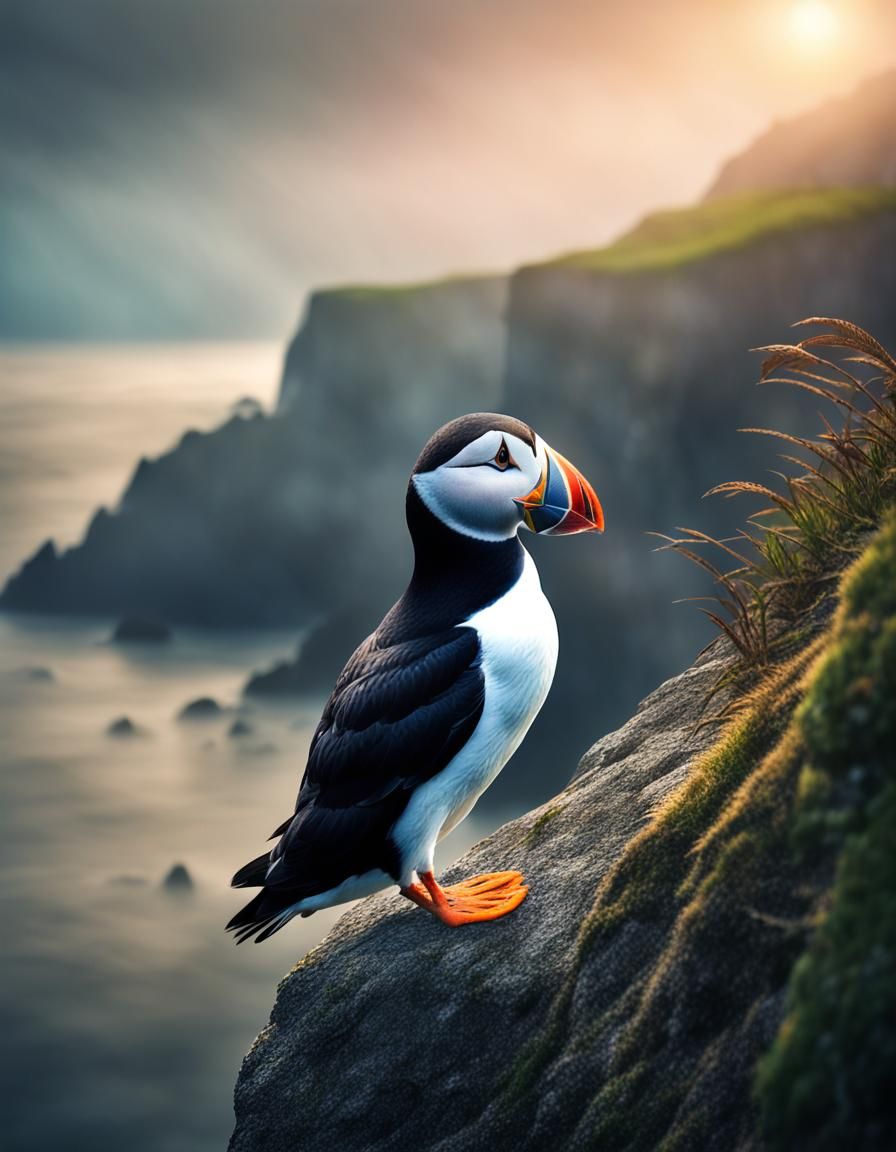 Hyper-Realistic Puffin Standing on Cliff in Moody Wildlife P...
