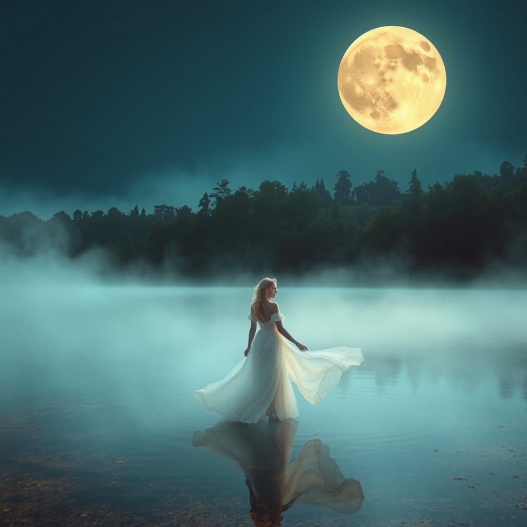 Ethereal Woman in Moonlit Lake, Dreamy Landscape