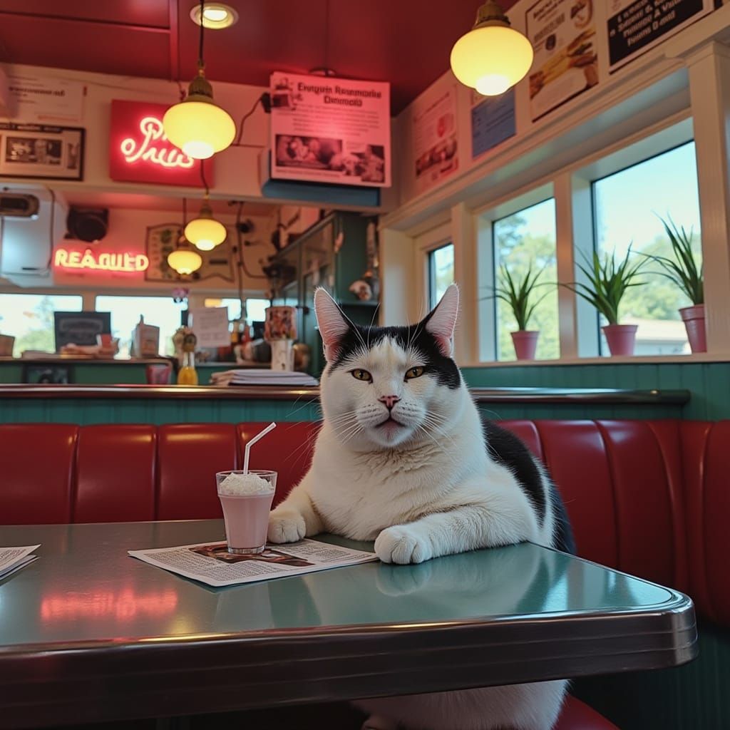Cat Sipping Milkshake at Diner in Rockwell Style