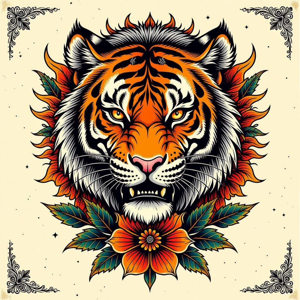 Vintage Tiger and Lion Tattoo Flash Art