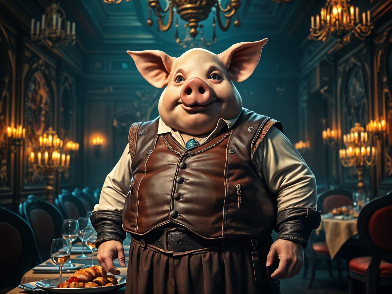 Pig-Headed Man at Lavish Banquet, Hyperdetailed Concept Art