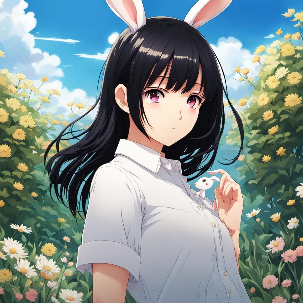 Anime-Inspired Girl Adorns a Moonlit Garden with a Rabbit-Th...