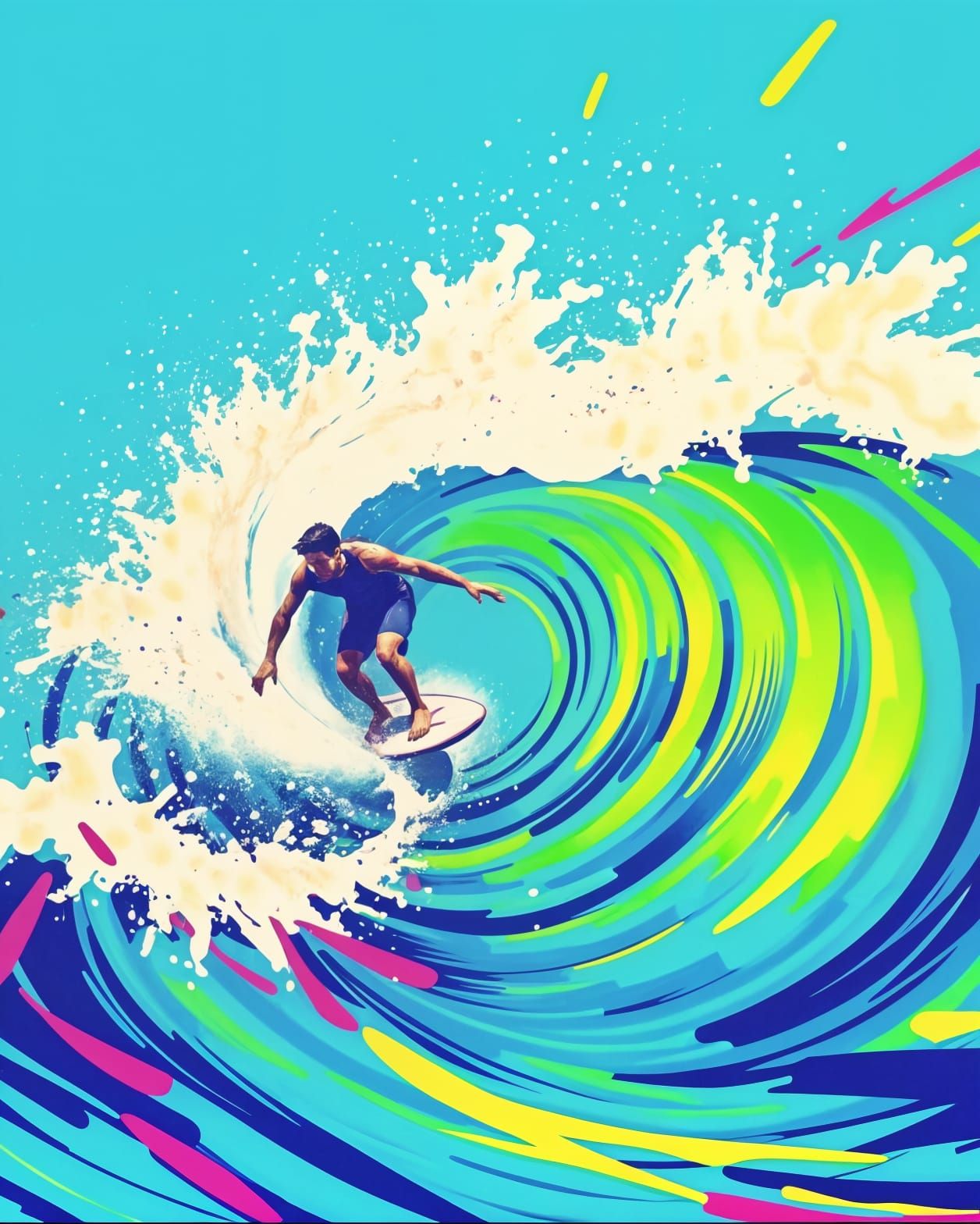 Electric Blue Wave Surf Culture Poster in Vibrant Neon