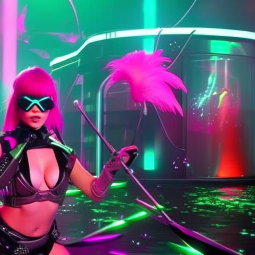 Neon-Lit Ducks Dance with Cyberpunk Circus Artist