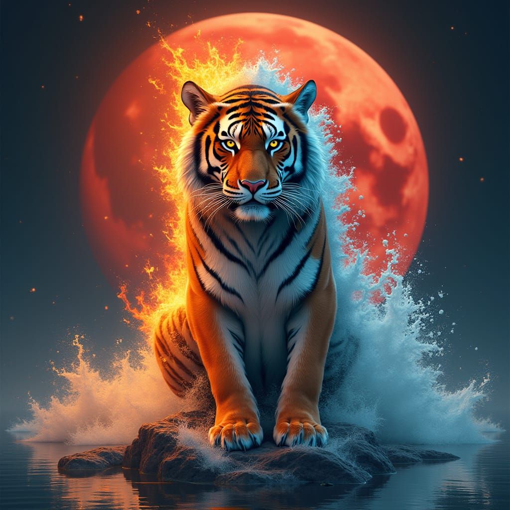 Fire and Water Tiger with Red Moon, Dynamic Art