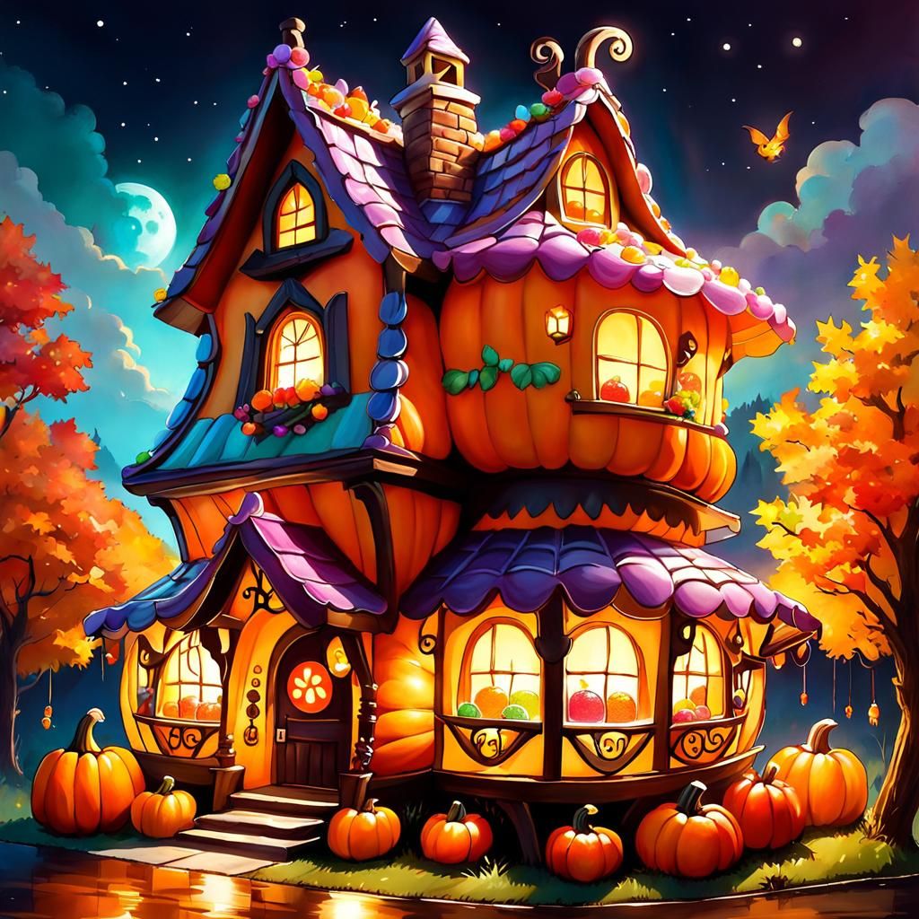Whimsical Pumpkin House in Candy Art Style