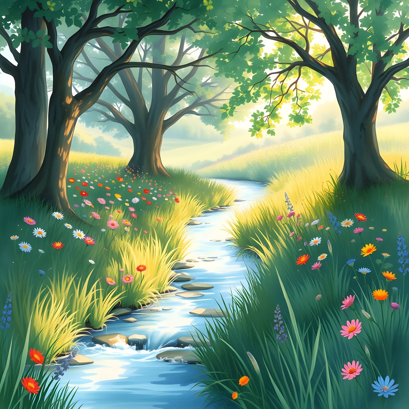 Surreal Watercolor Meadow Blooms in Full Color with Majestic...