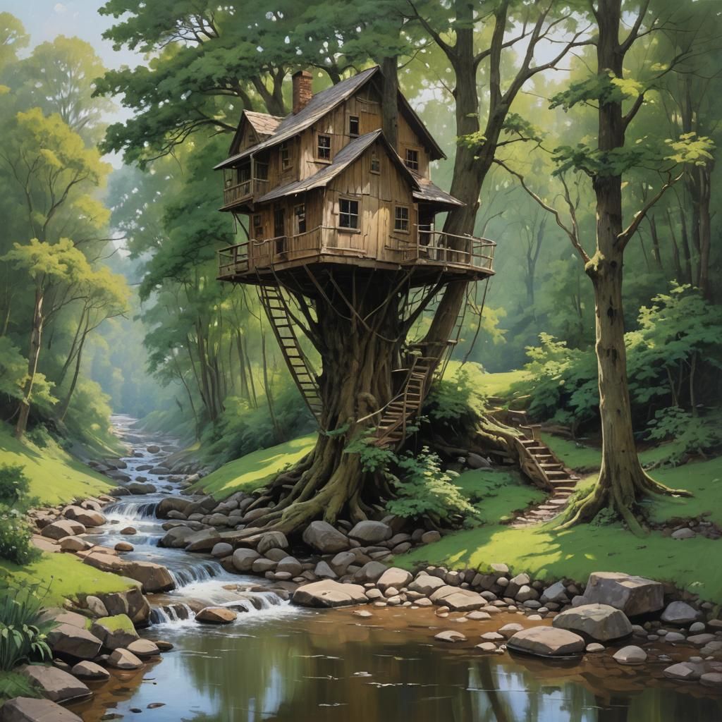 Whimsical Treehouse Scene in Impressionist Oil