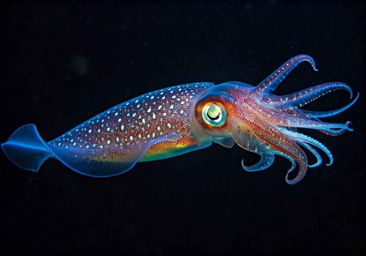 Bioluminescent Squid Underwater in a Surreal Blacklight Worl...