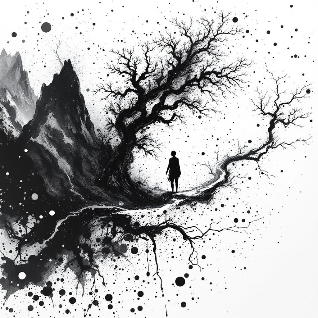 Mysterious Ink Landscape with Twisted Trees and Majestic Mou...