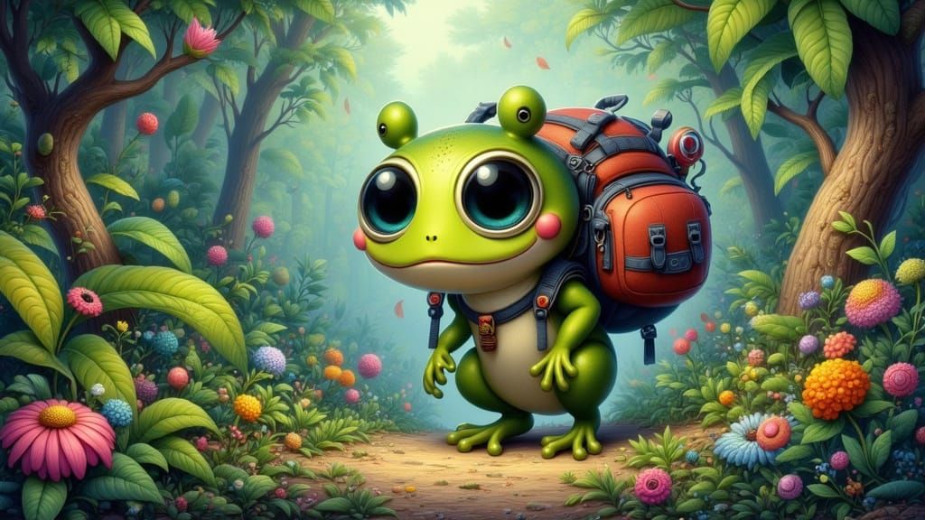 Surprised Frog in Lush Forest, Whimsical Art