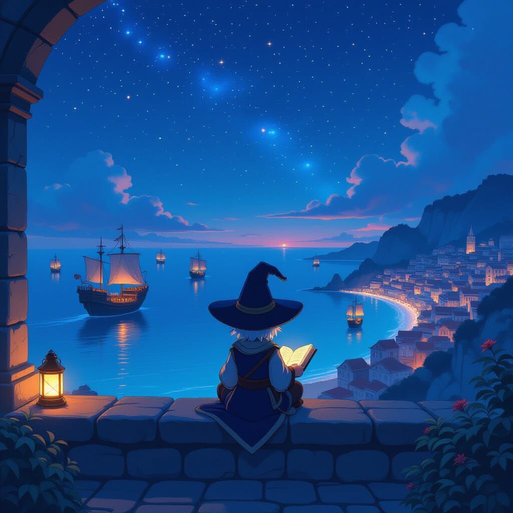 Lalafell Wizard Gazes at Starry Ocean Sky Above Limsa Lomins...