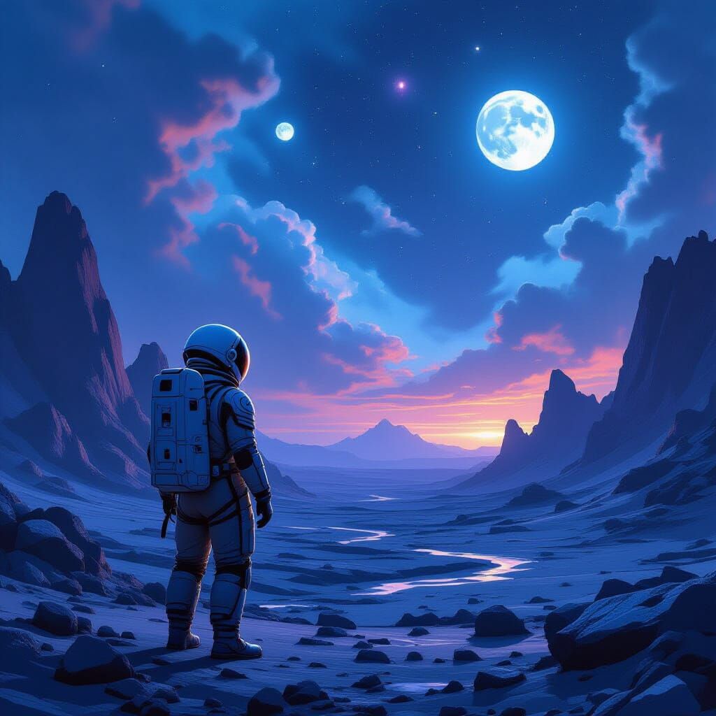 Astronaut Gazes at Alien Sky with Twin Moons