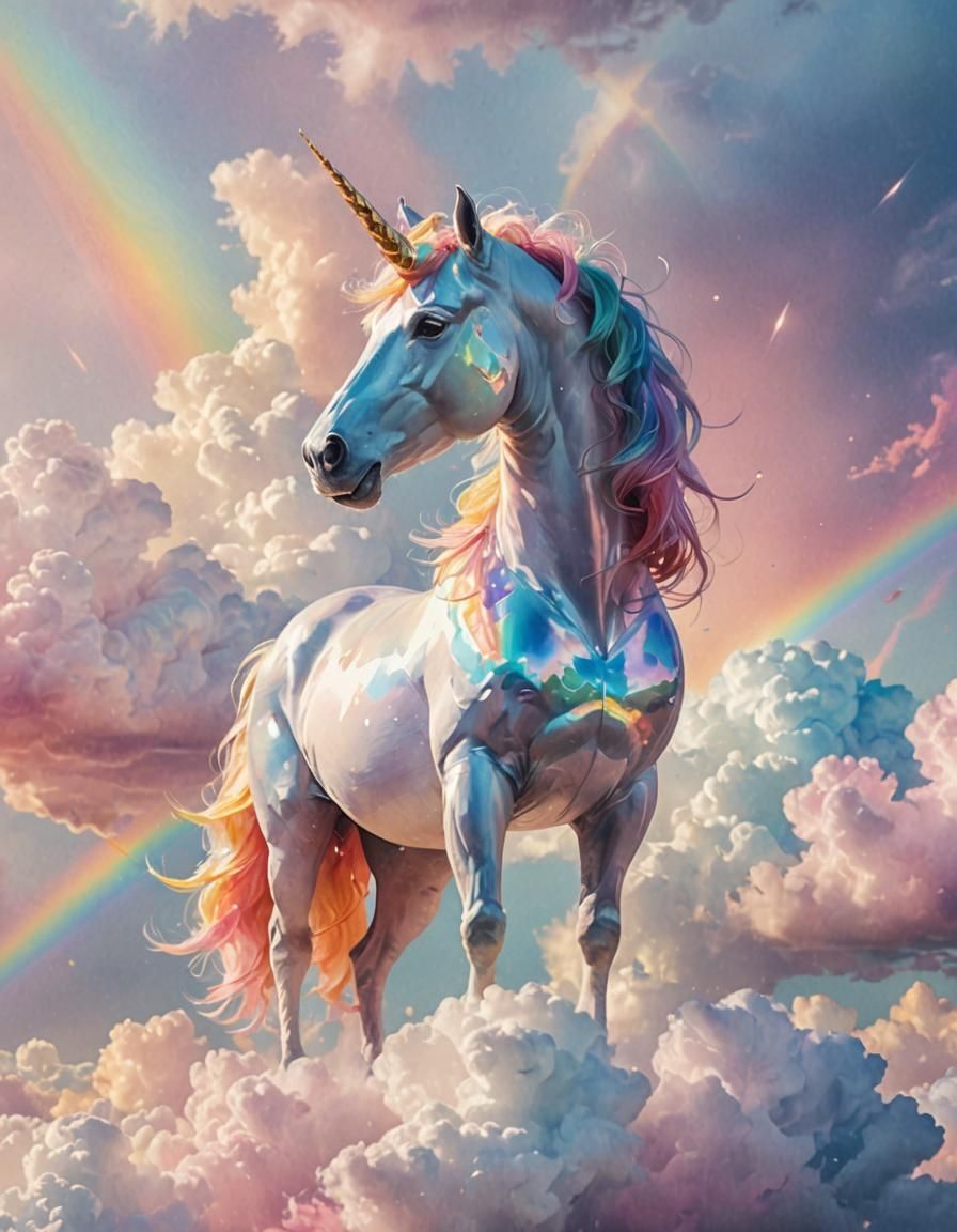 Vibrant Prism Unicorn in Ethereal Cloudscape