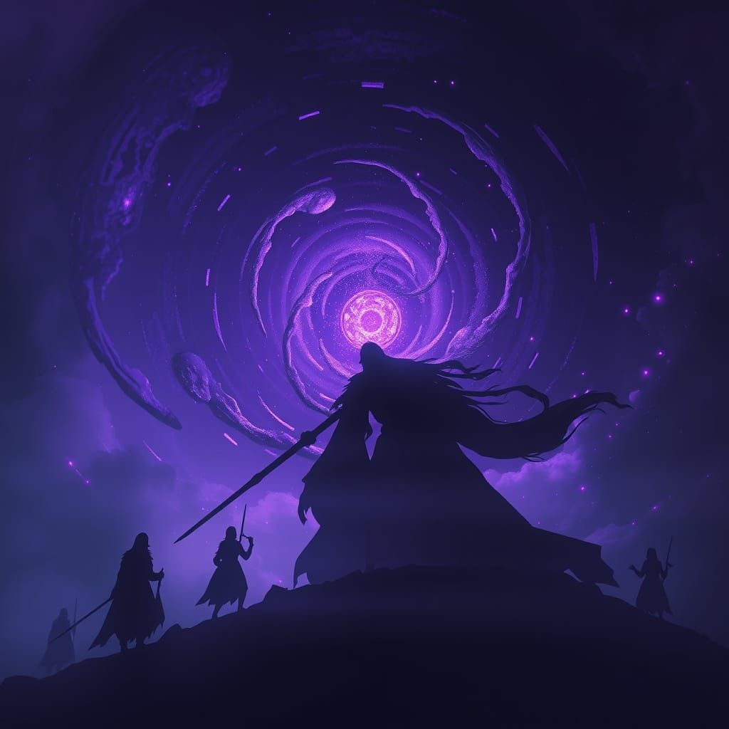 Mystic Warrior Emerges from Dark Violet Energy Vortex in Gol...