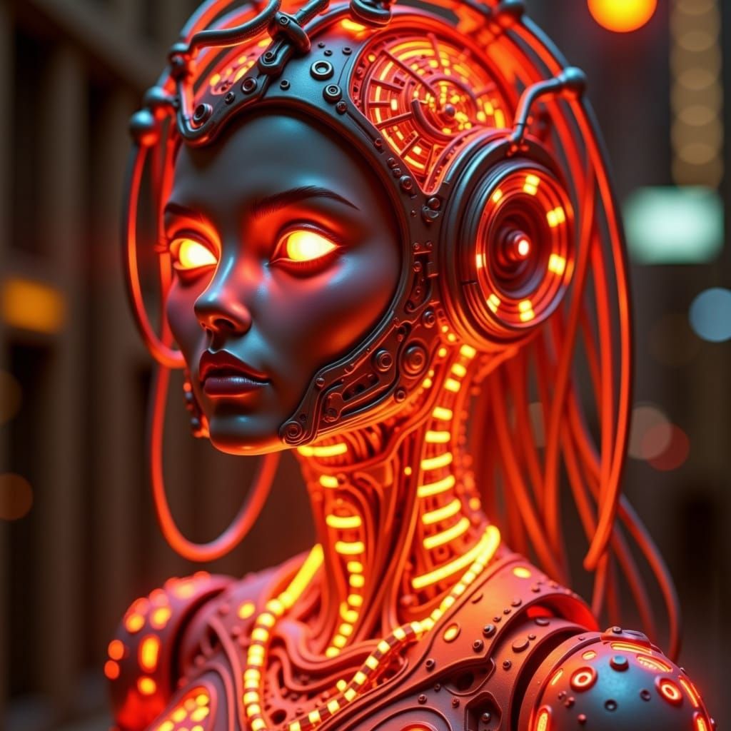 Cyborg Silhouette in Neon Cyberpunk City