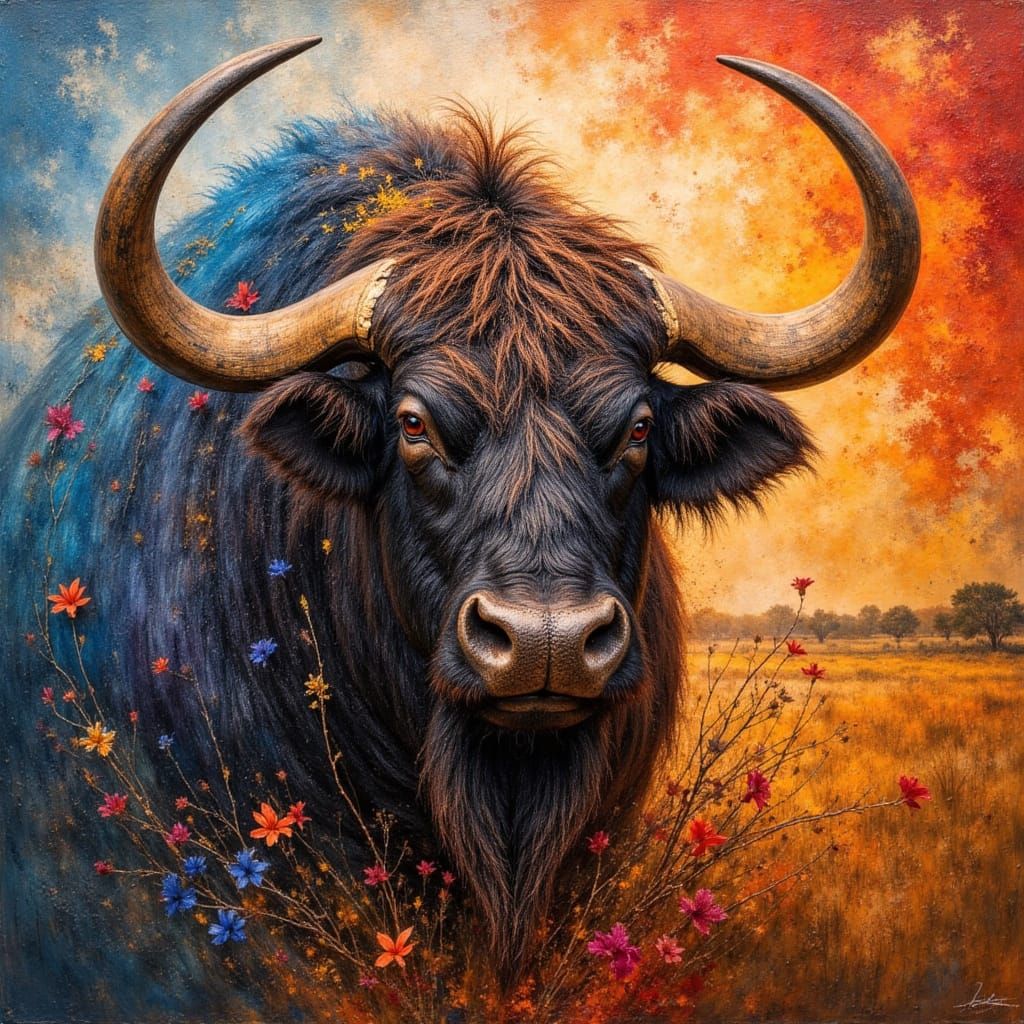 Wildebeest Oil Painting in Neo-Impressionist Style