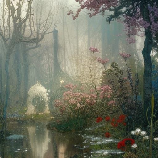 Intricate Winter Garden with Flowers in Romantic Style