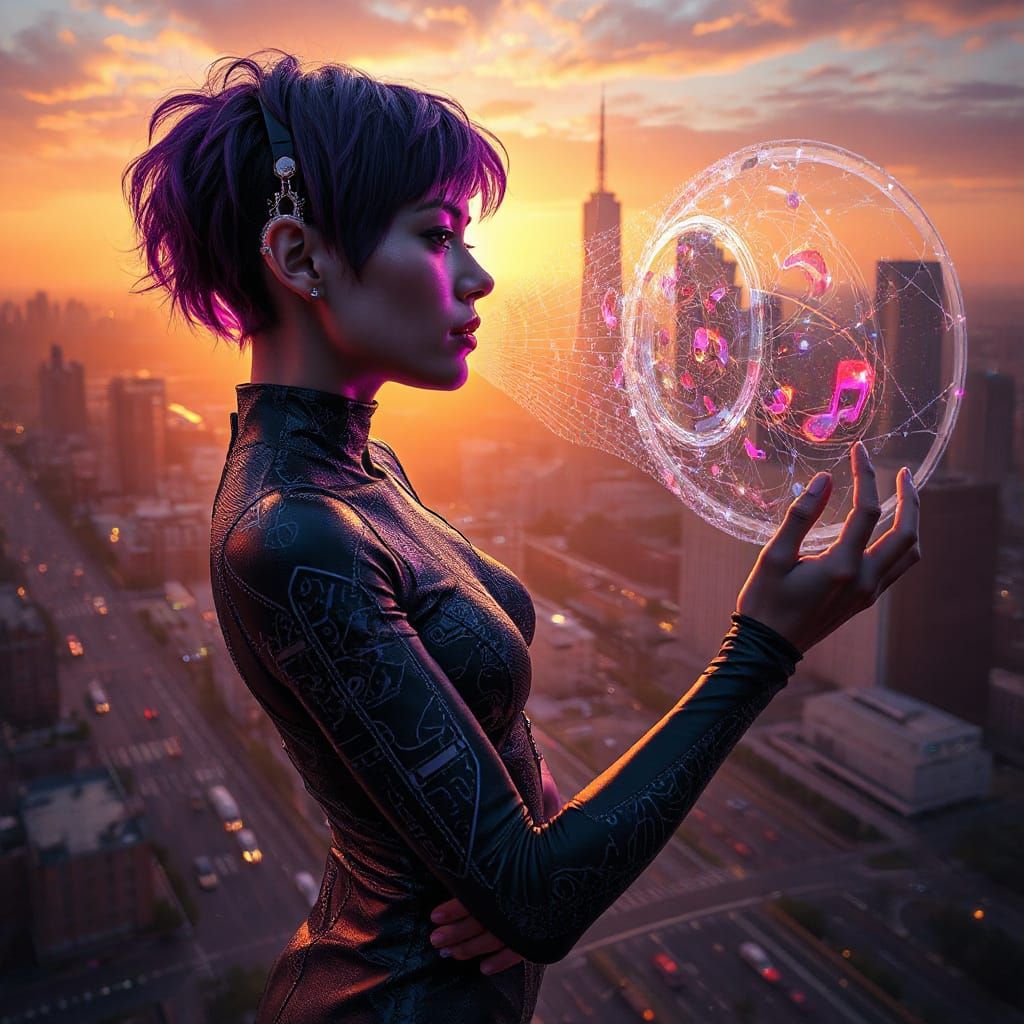 Cyberpunk Sound Engineer in Vibrant Violet Hair and Sound-Re...