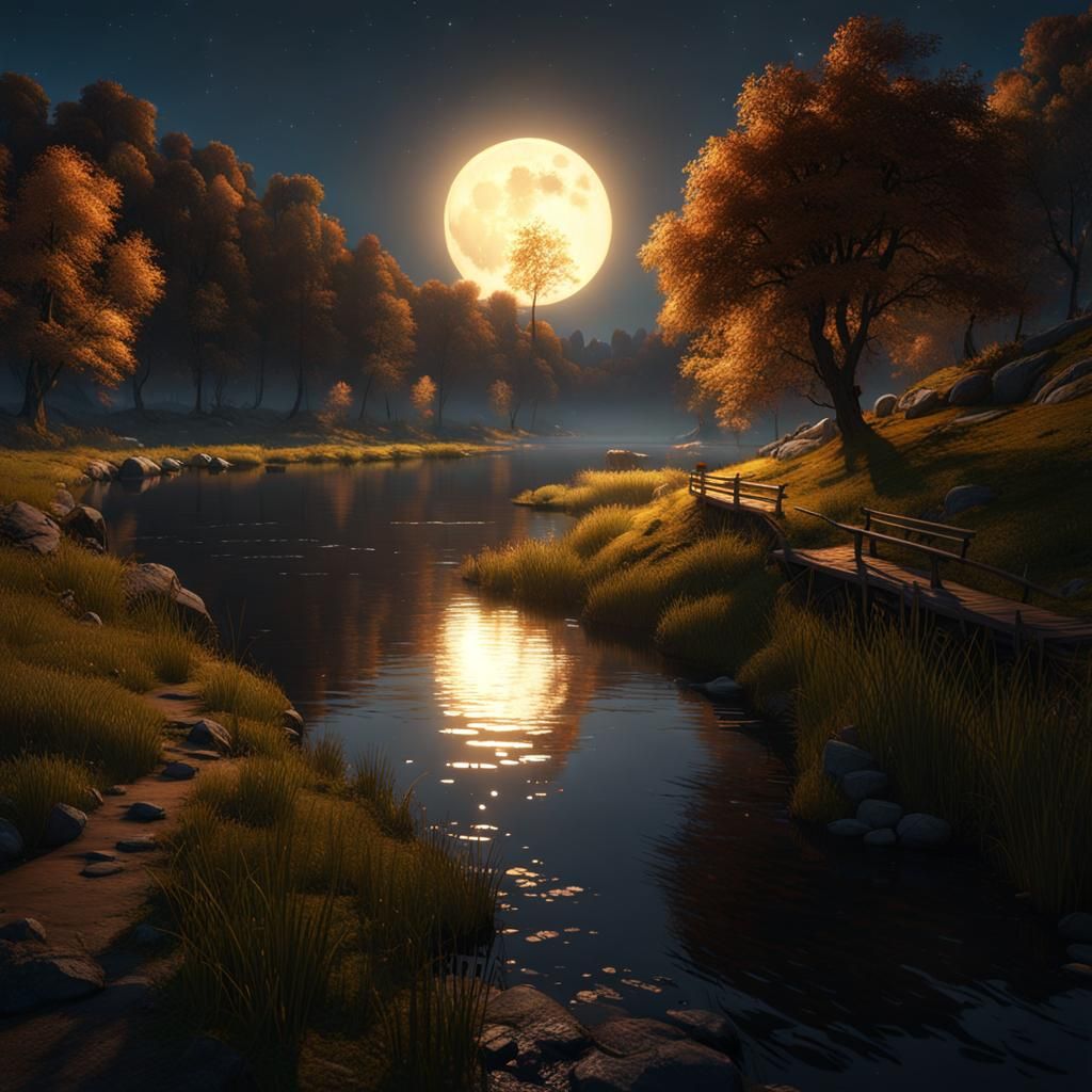 Ethereal Moonlit Riverbank in 3D Masterpiece Style