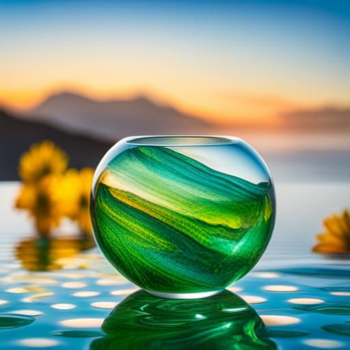 Emerald Glass Marble on Teal Tablecloth at Sunrise