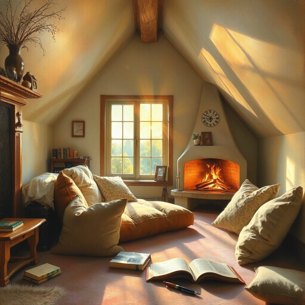 Cozy Attic Room with Fireplace, Impressionistic Oil Painting