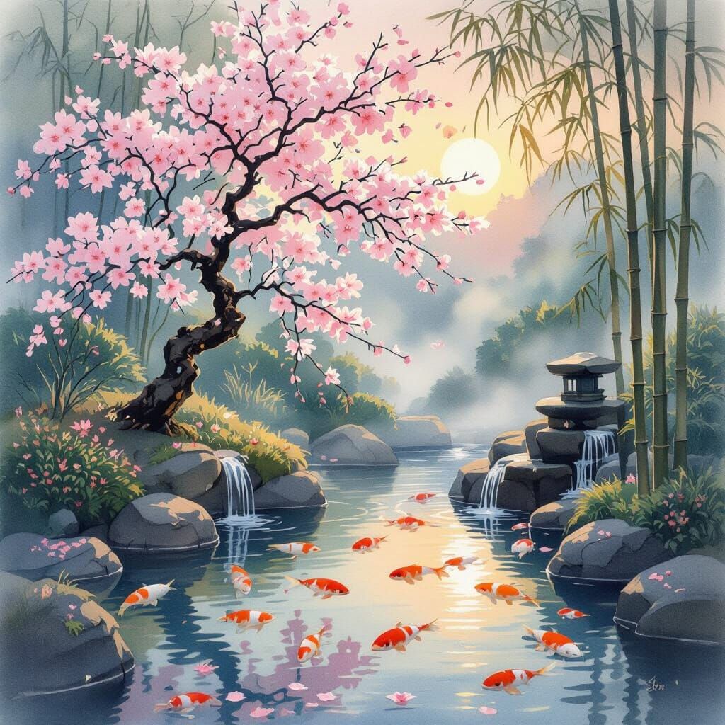 Sunrise Serenity in Blooming Cherry Blossom Garden as Waterc...