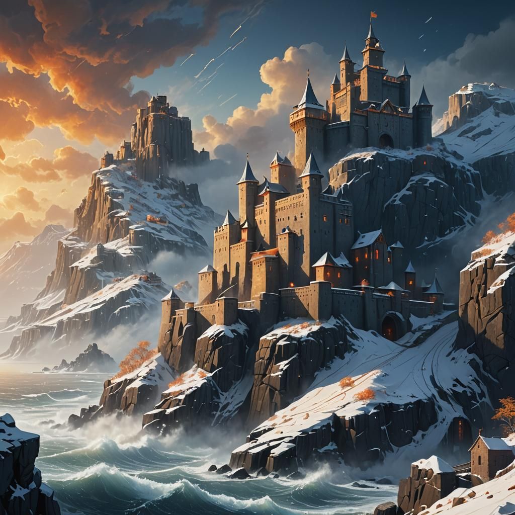 Seaside Fortress on Frosty Bluff, Surrounded by Snowy Sea