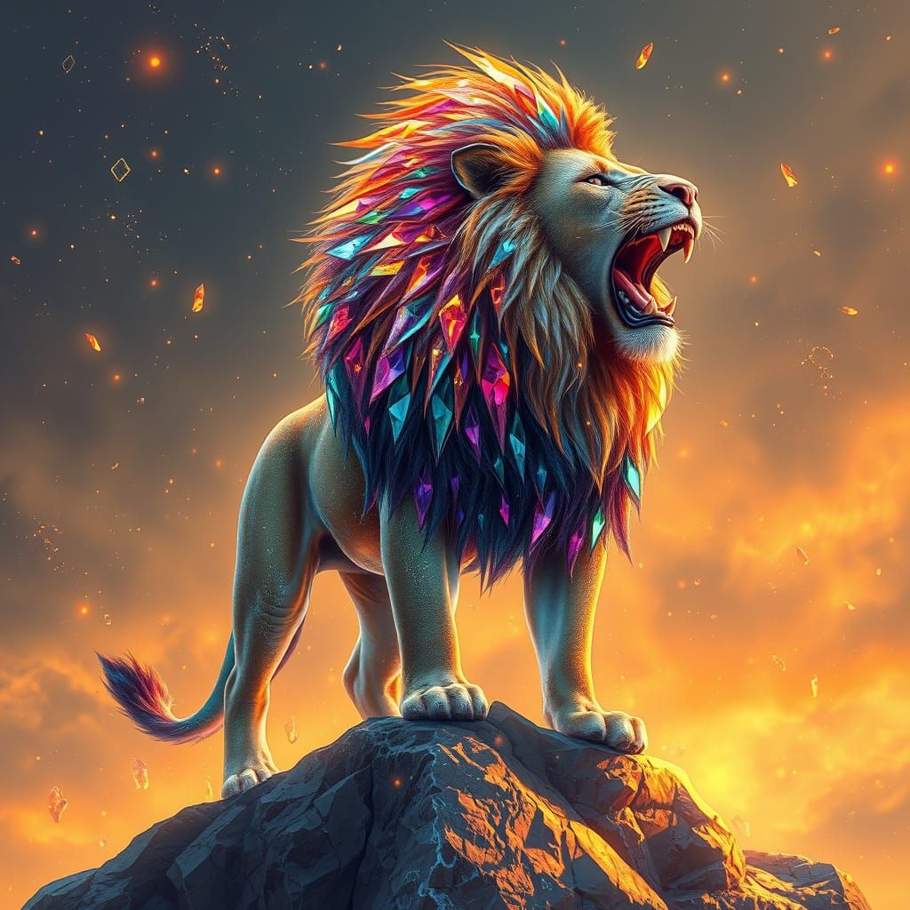 Futuristic Lion Roars in a Savannah of Crystalline Wonders