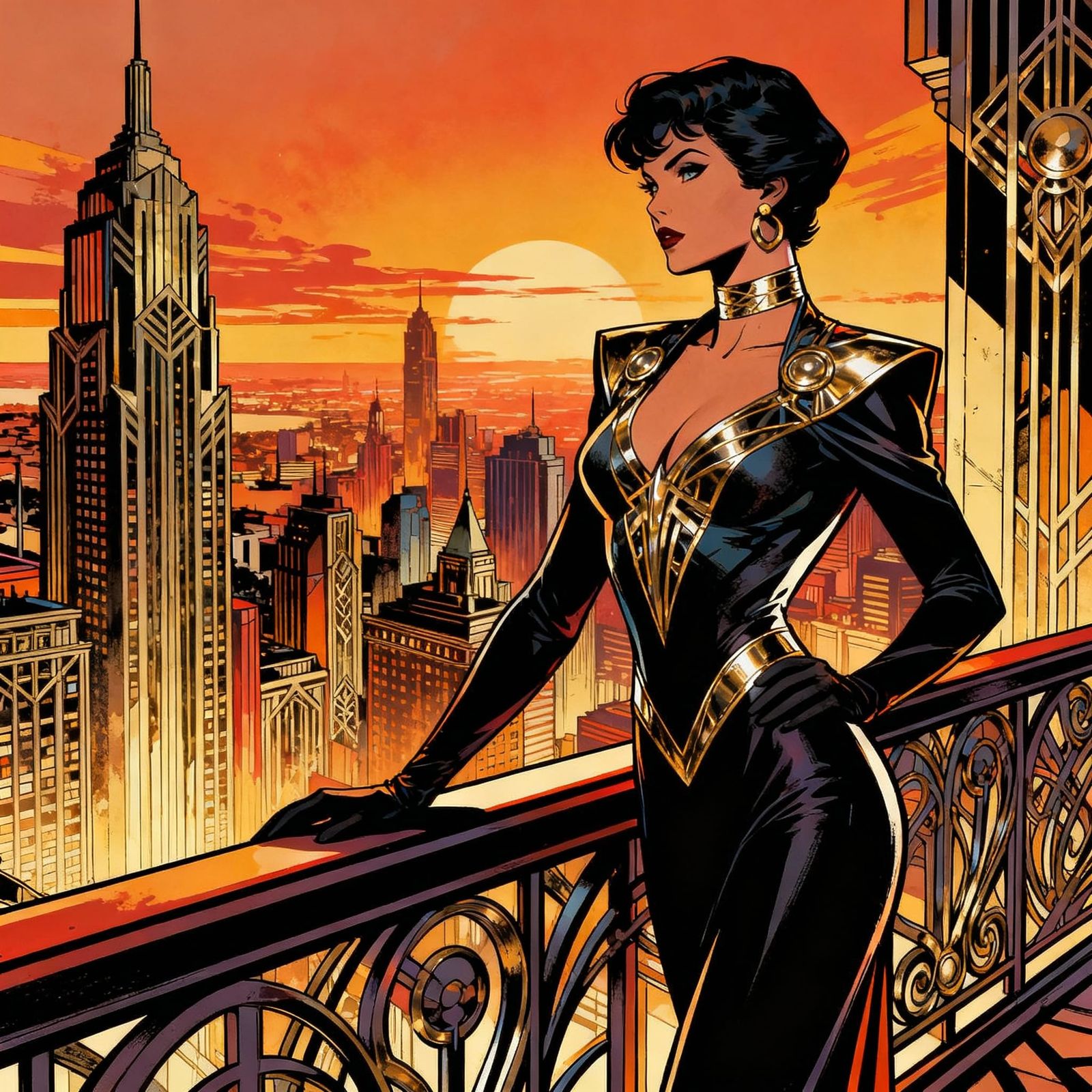Art Deco Woman Overlooks Cityscape in Comic Splash Art