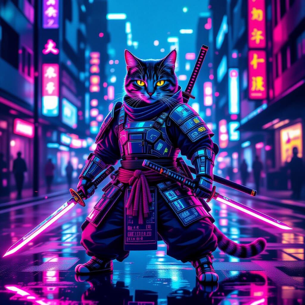 Cyberpunk Samurai Cat with Laser Katana in Neon City