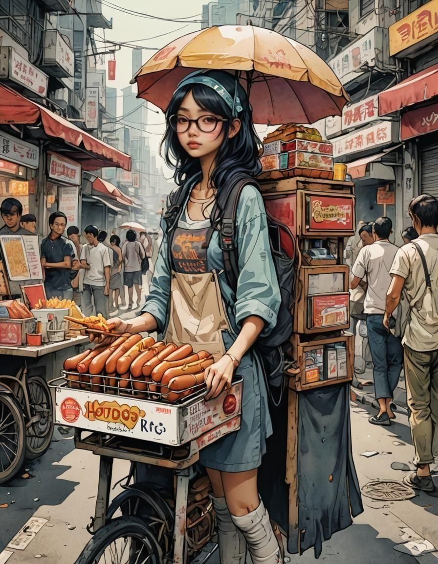 Vaporwave Goddess Peddles Hotdogs in Manila Ruins