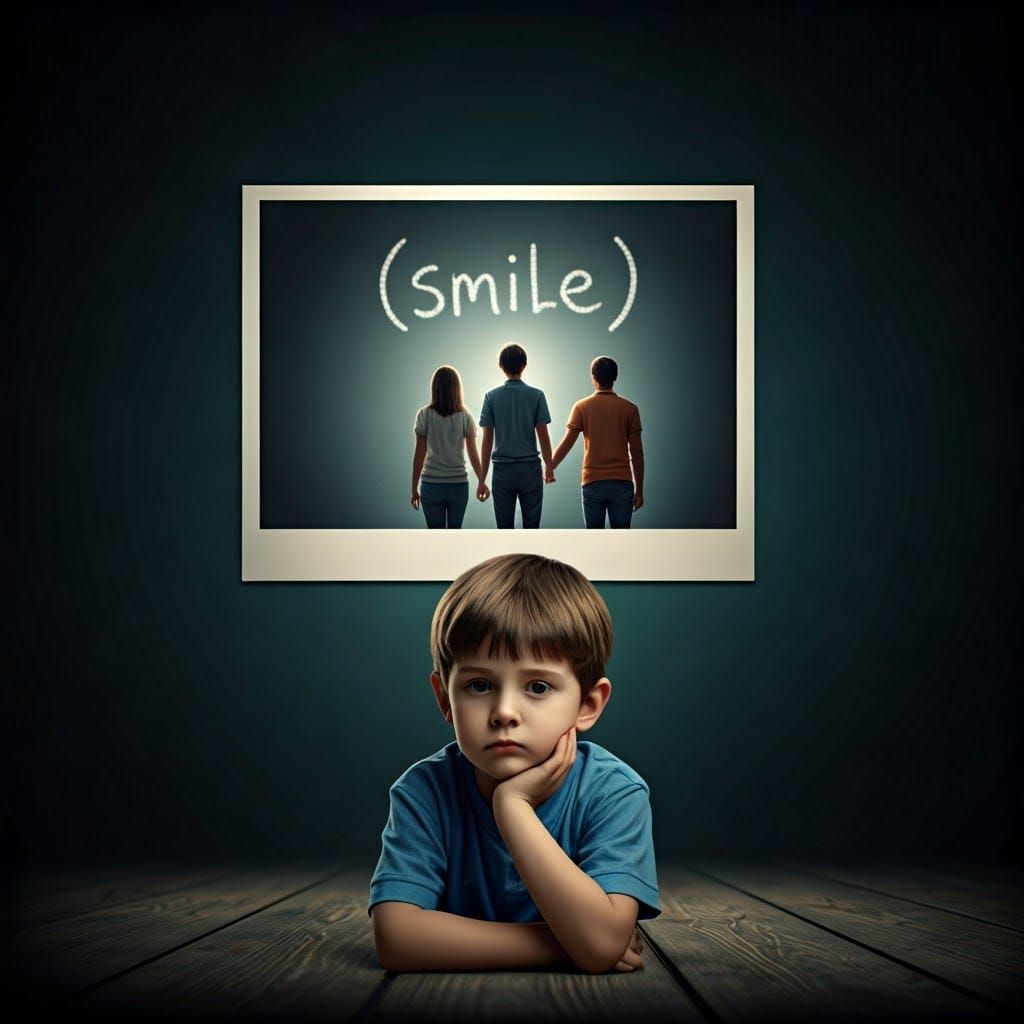 Family with Boy Refusing to Smile in a Cinematic 35mm Film S...