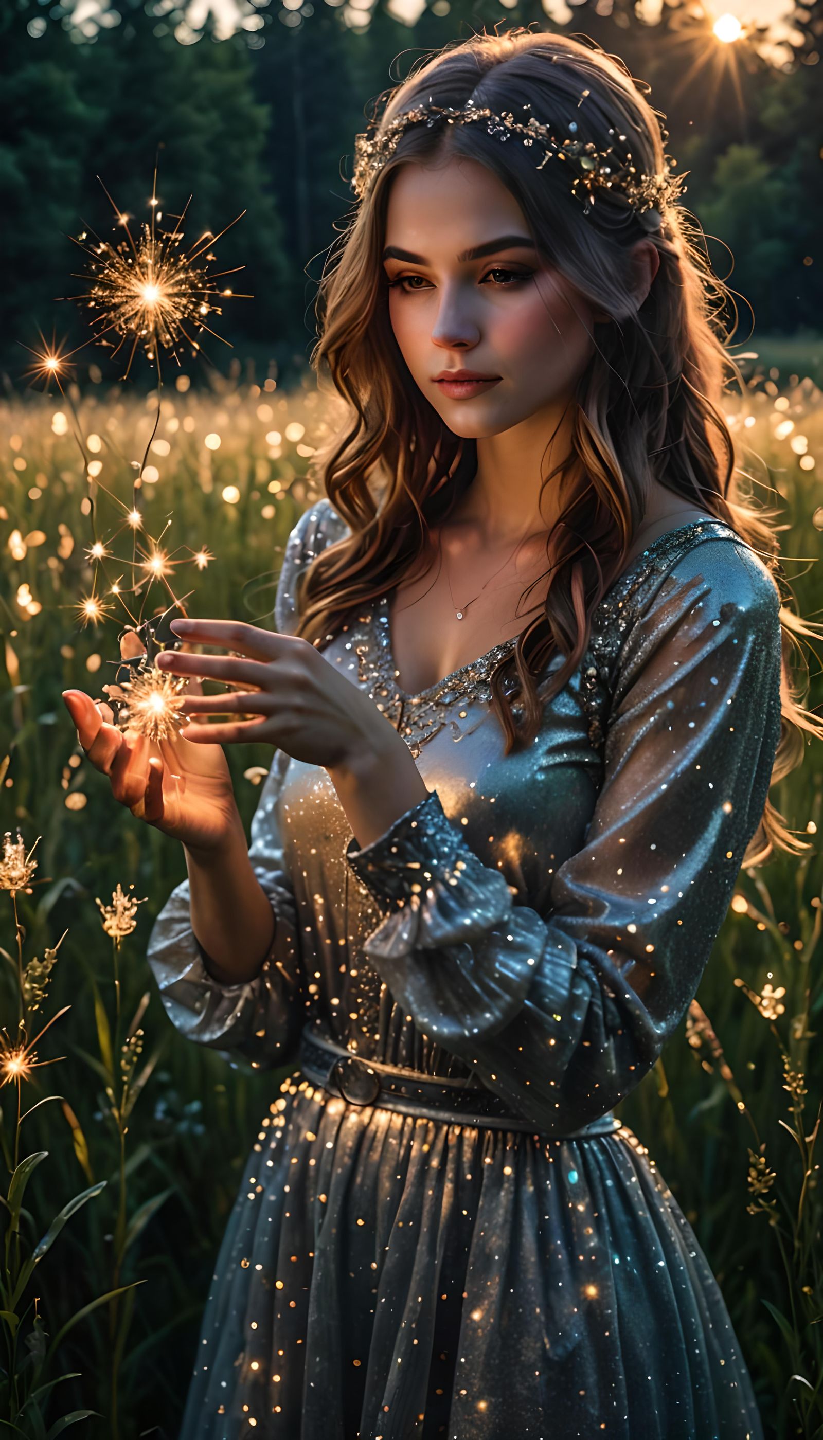 Enchanted Whimsy: A Sparkling Girl in a Sunlit Meadow
