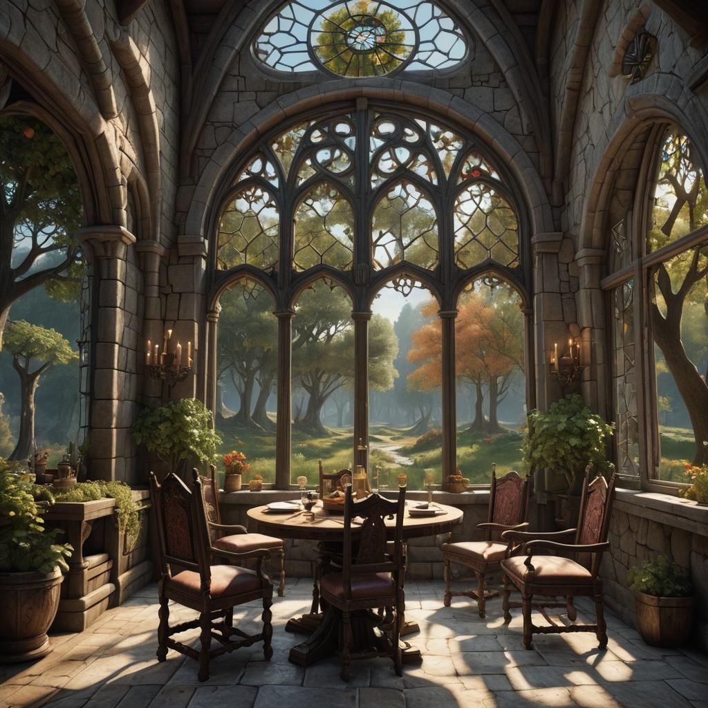 Whimsical Medieval Dining Room with Enchanted Forest View