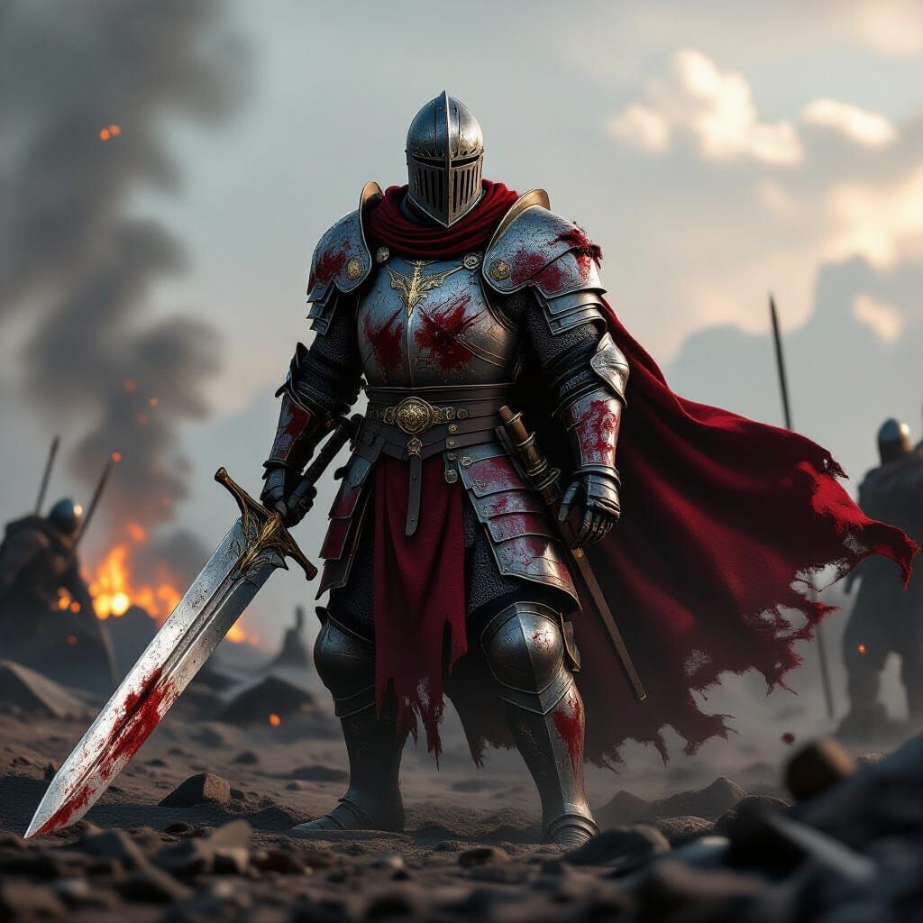 Crimson Knight on War-Torn Battlefield