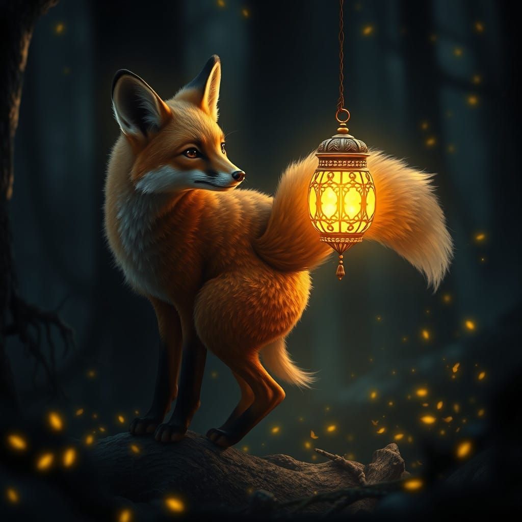 Glowing Lantern Fox Illuminates Mystical Forest