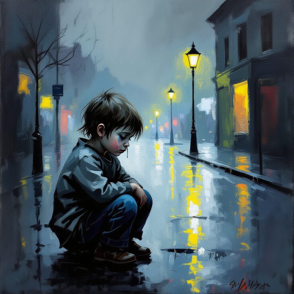Sad Child on Desolate Street in Neo-Expressionist Style