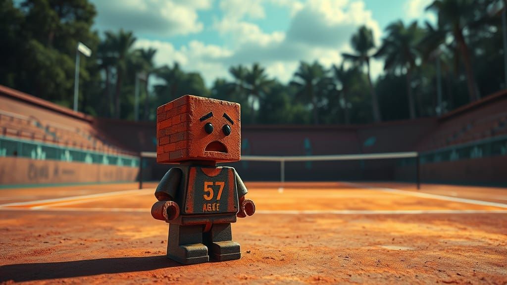 Brick Tennis Player Crying on Clay Court in Comic Style
