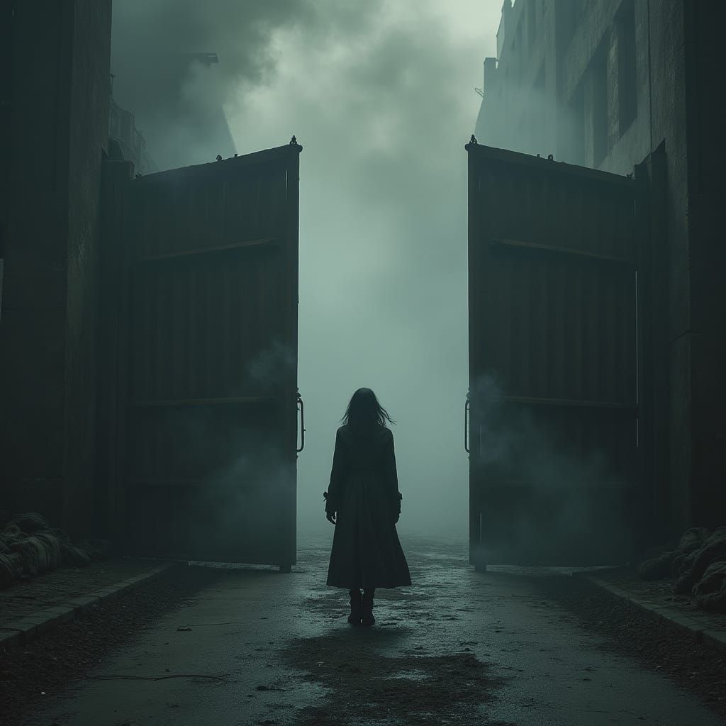 Film Noir Woman at Rusted Gate in Smoke