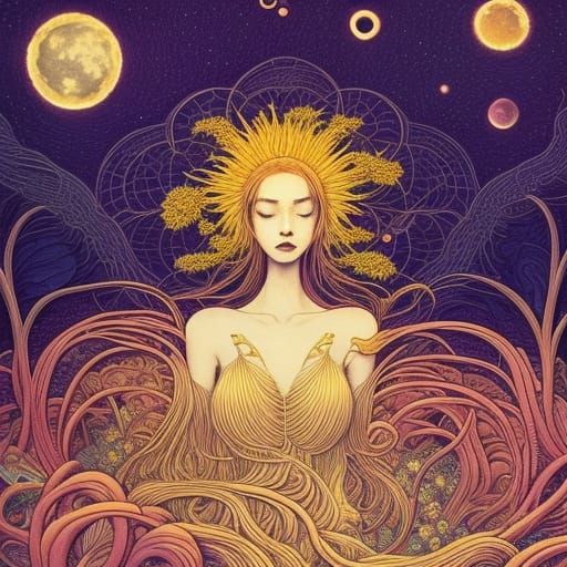 Surreal Celestial Goddess in a Vivid Clematis Dreamscape