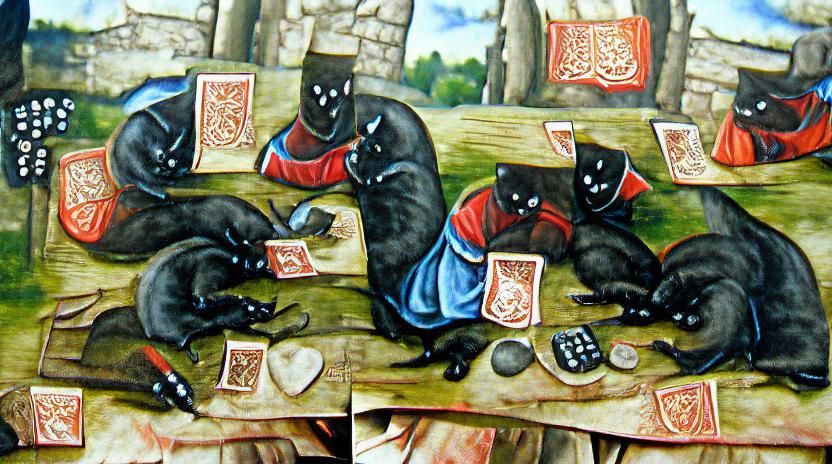 Medieval Fantasy Scene with Two Black Cats Playing Cards