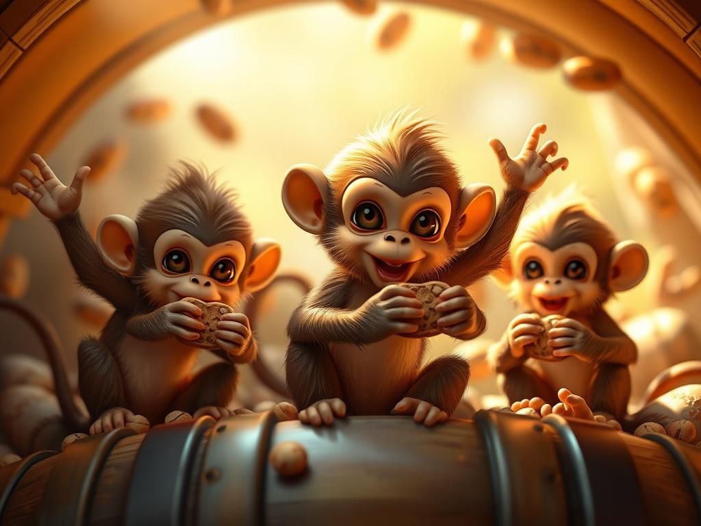 (Cute Adorable Chibi Flying Monkeys eating monkey bread and monkey nuts Having Fun In A Barrel Of Monkeys:1.5)

(Insanel...