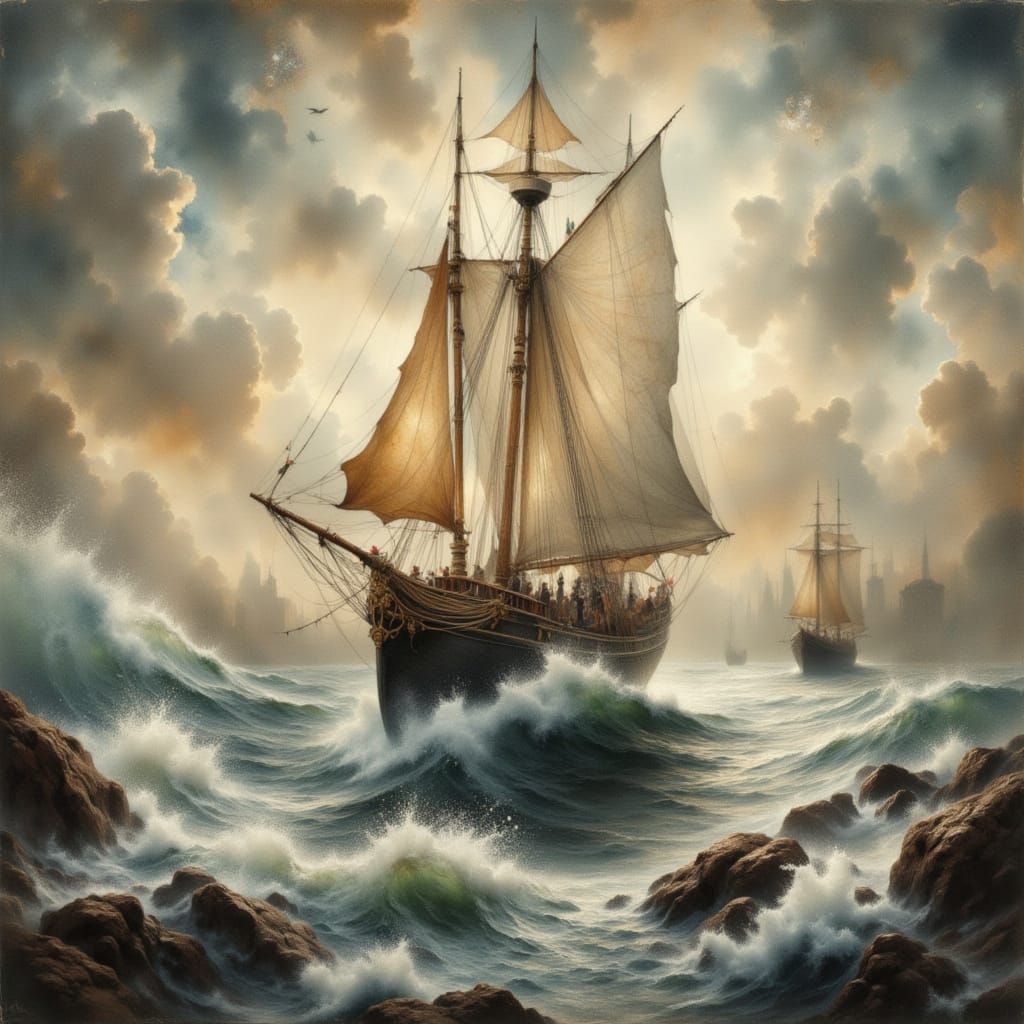 Sailing a Restless Sea in Watercolor Style
