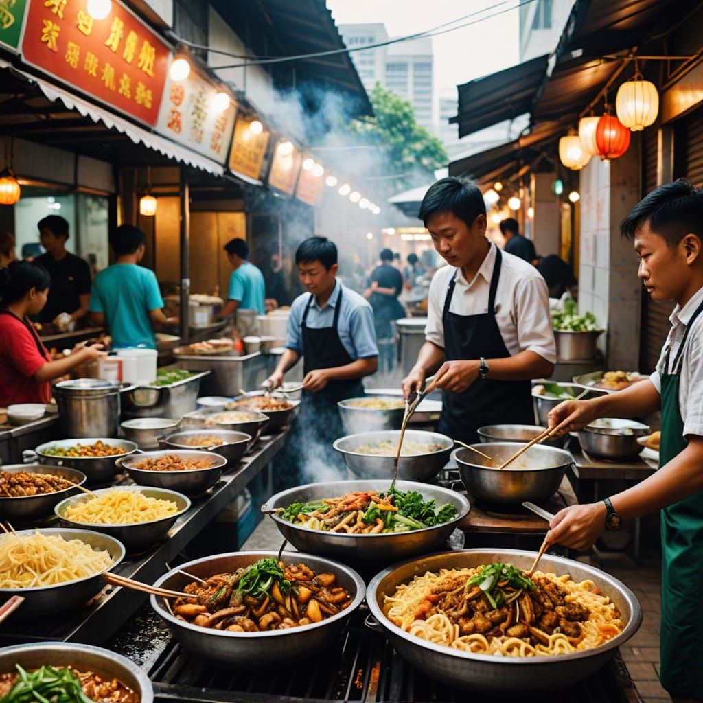 Vibrant Malaysian Hawker Stall in Warm and Inviting Colors