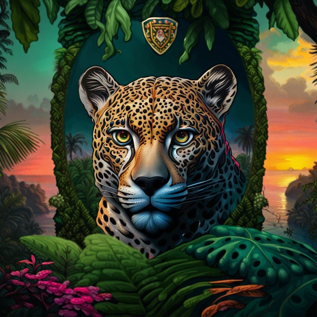 Realistic Jaguar Coat of Arms in Vibrant Jungle Sunset