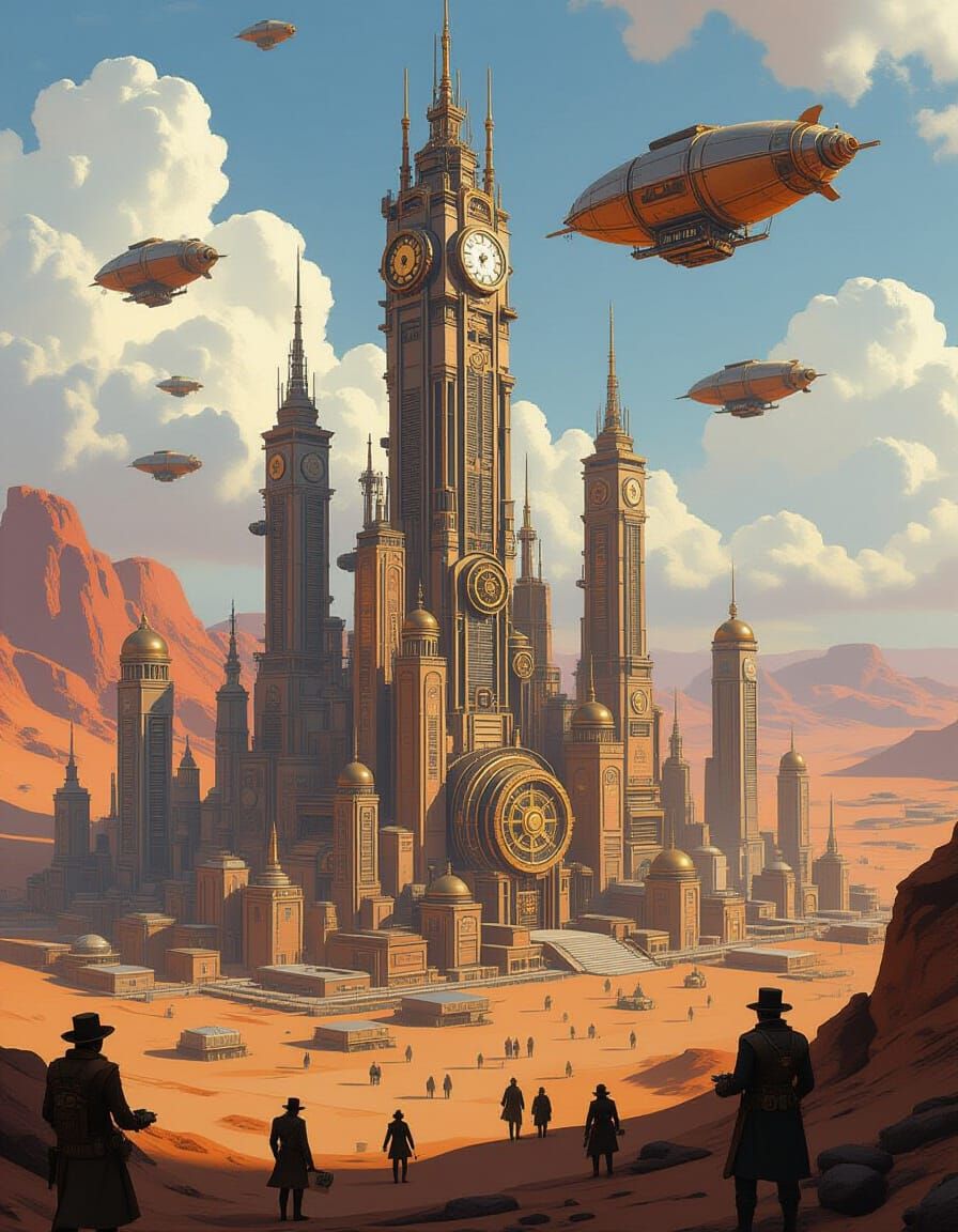 Steampunk Cityscape in Desert: Realistic Style