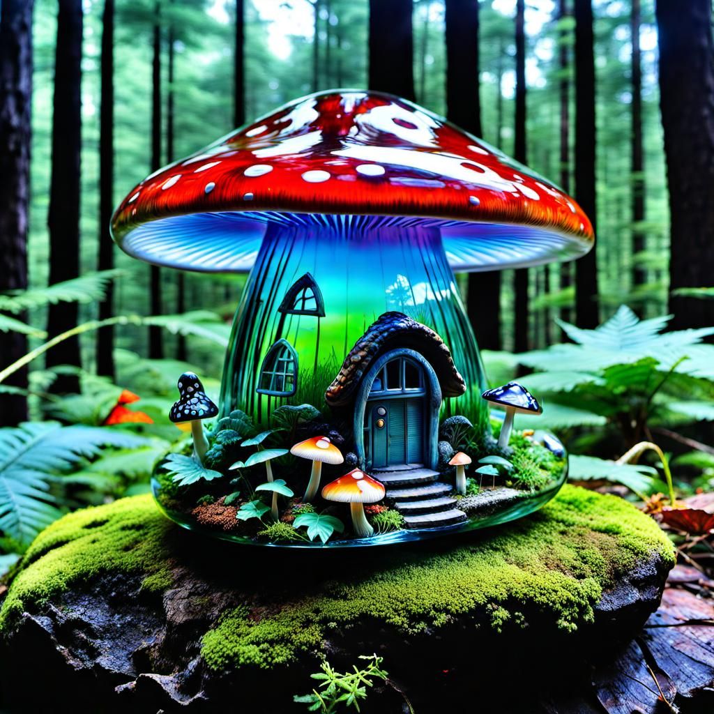 Glass Mushroom House in Vibrant, Hyperrealistic Glass Art